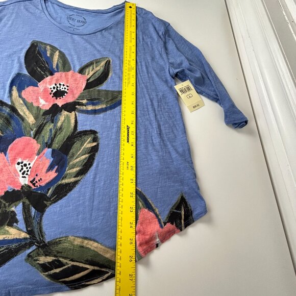 Lucky Brand Top L Biue 3/4 Sleeve Tee Floral Mira Flowers Supima Cotton‎ Blend - Picture 8 of 11